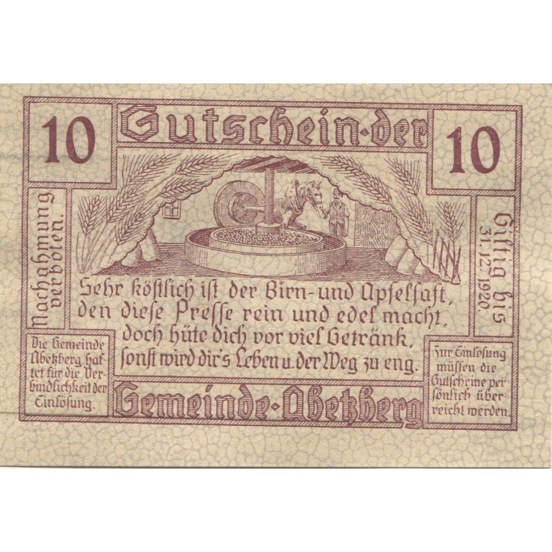 Banknote, Austria, Abetzberg, 10 Heller, blé 1920-12-31, UNC(63) Mehl:FS 1aII