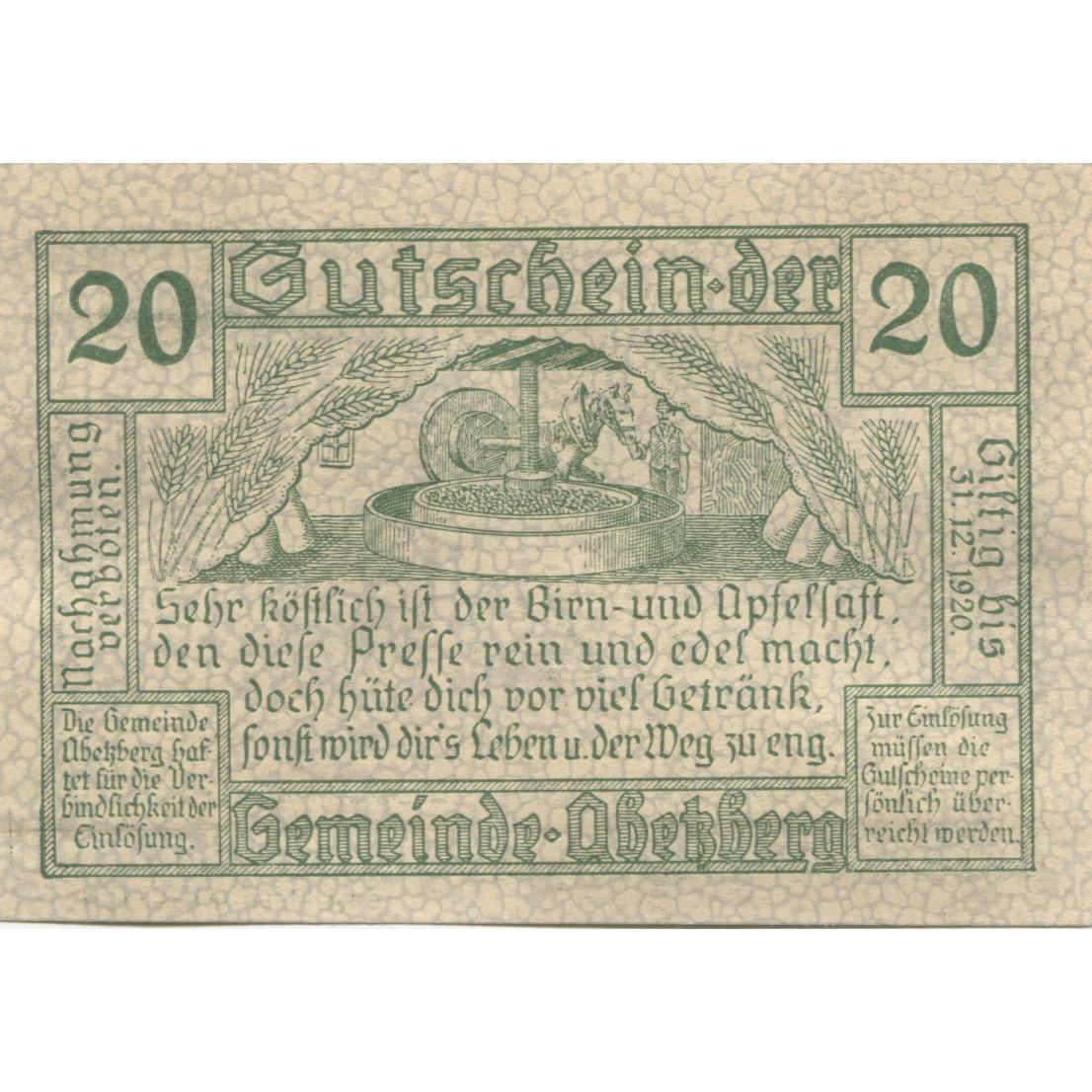 Banconote, Austria, Abetzberg, 20 Heller, moulin, 1920 SPL Mehl:FS 1aII