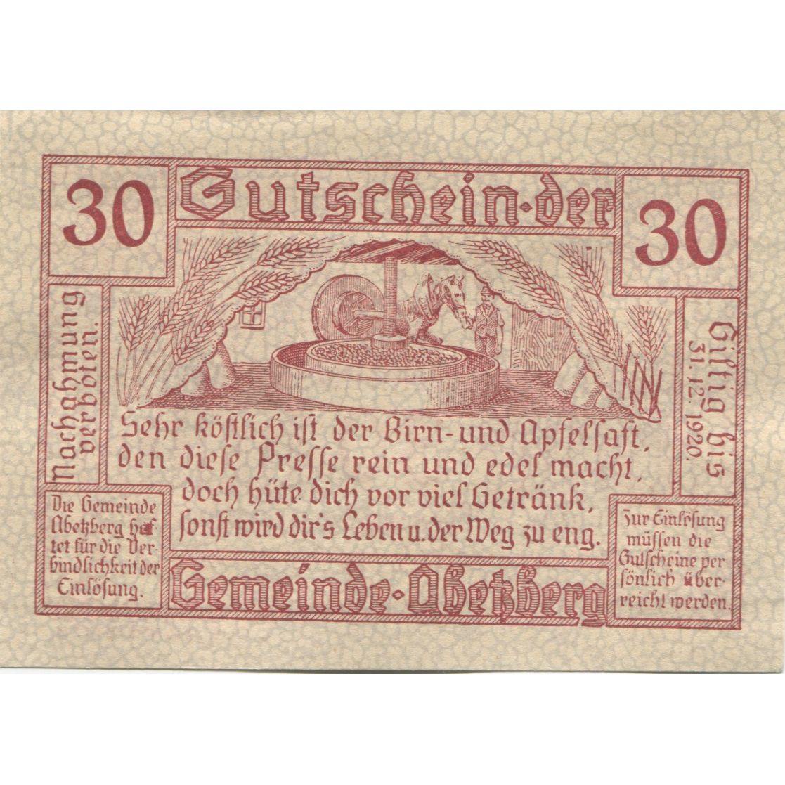 Geldschein, Österreich, Abetzberg, 30 Heller, épis 1920-12-31, UNZ- Mehl:FS 1aII