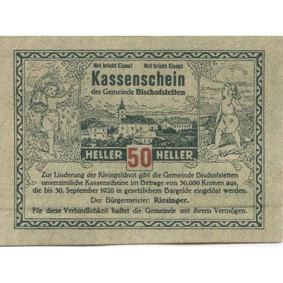 Banknote, Austria, Bischofstetten, 50 Heller, Eglise, 1920 UNC(63) Mehl:FS 92a