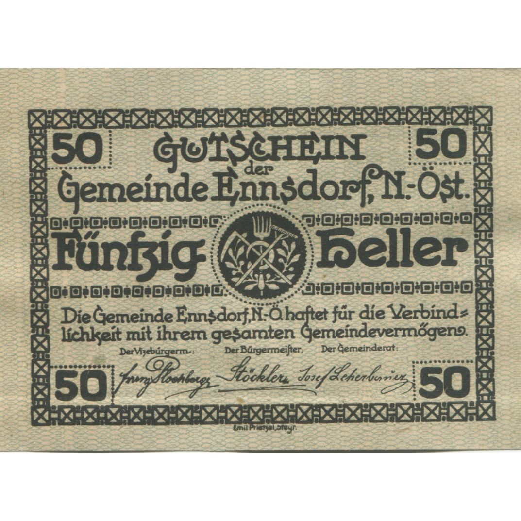 Banknote, Austria, Ennsdorf, 50 Heller, fleuve, 1920 UNC(63) Mehl:FS 178a