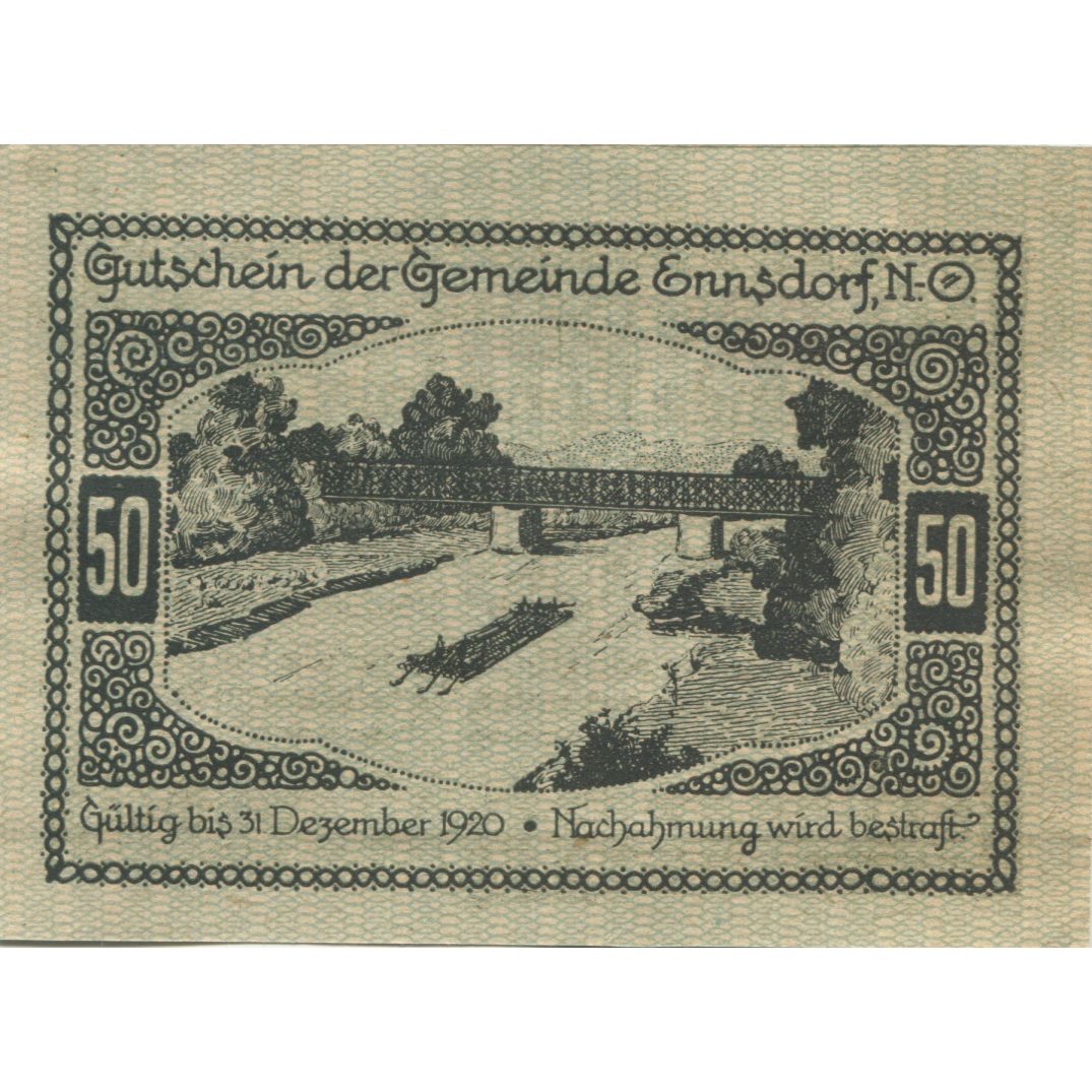 Banknote, Austria, Ennsdorf, 50 Heller, fleuve, 1920 UNC(63) Mehl:FS 178a