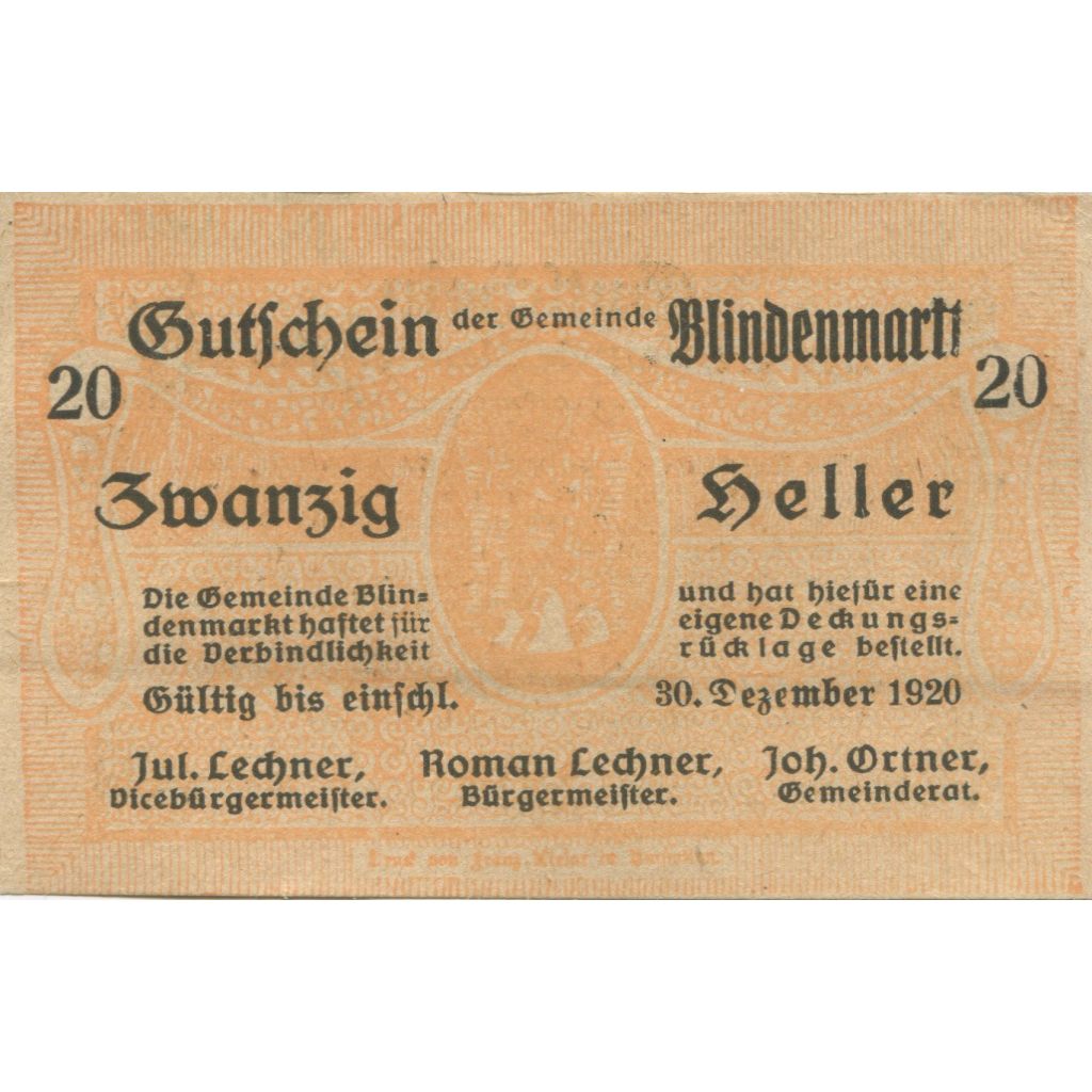 Banknote, Austria, Blindenmarkt, 20 Heller, Texte, 1920 UNC(63) Mehl:FS 93Ia