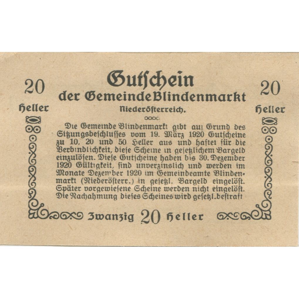 Banknote, Austria, Blindenmarkt, 20 Heller, Texte, 1920 UNC(63) Mehl:FS 93Ia