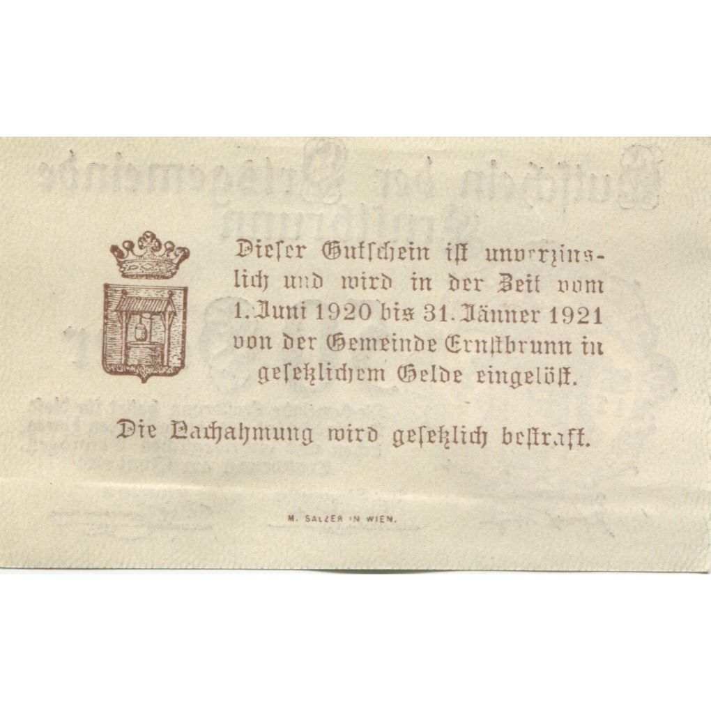 Billet, Autriche, Ernstbrunn, 50 Heller, Blason 1921-01-31, SPL Mehl:FS 183a