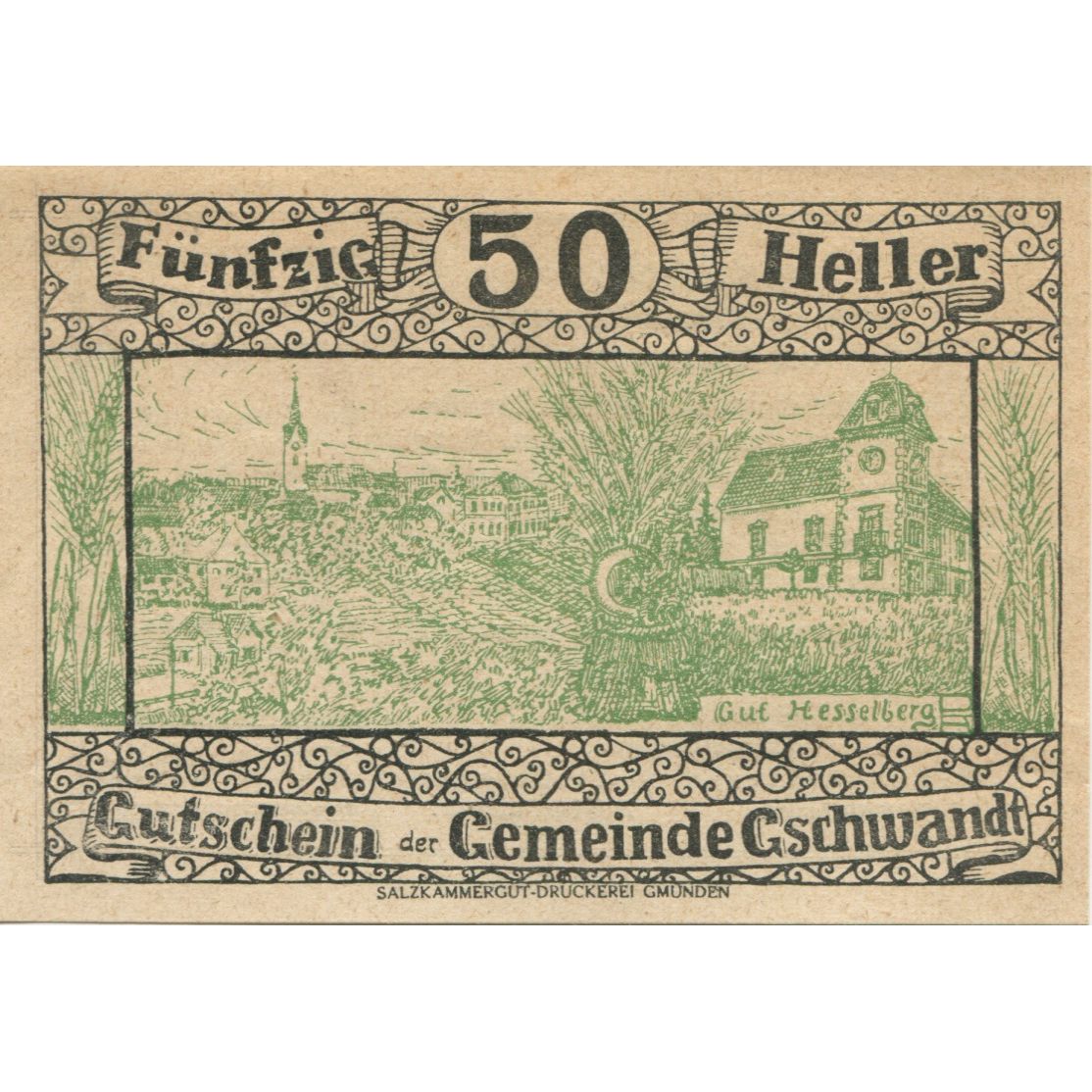 Banconote, Austria, Gschwandt, 50 Heller, village 1920-05-07, SPL Mehl:FS 305a