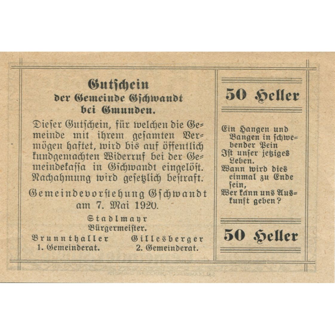 Banconote, Austria, Gschwandt, 50 Heller, village 1920-05-07, SPL Mehl:FS 305a