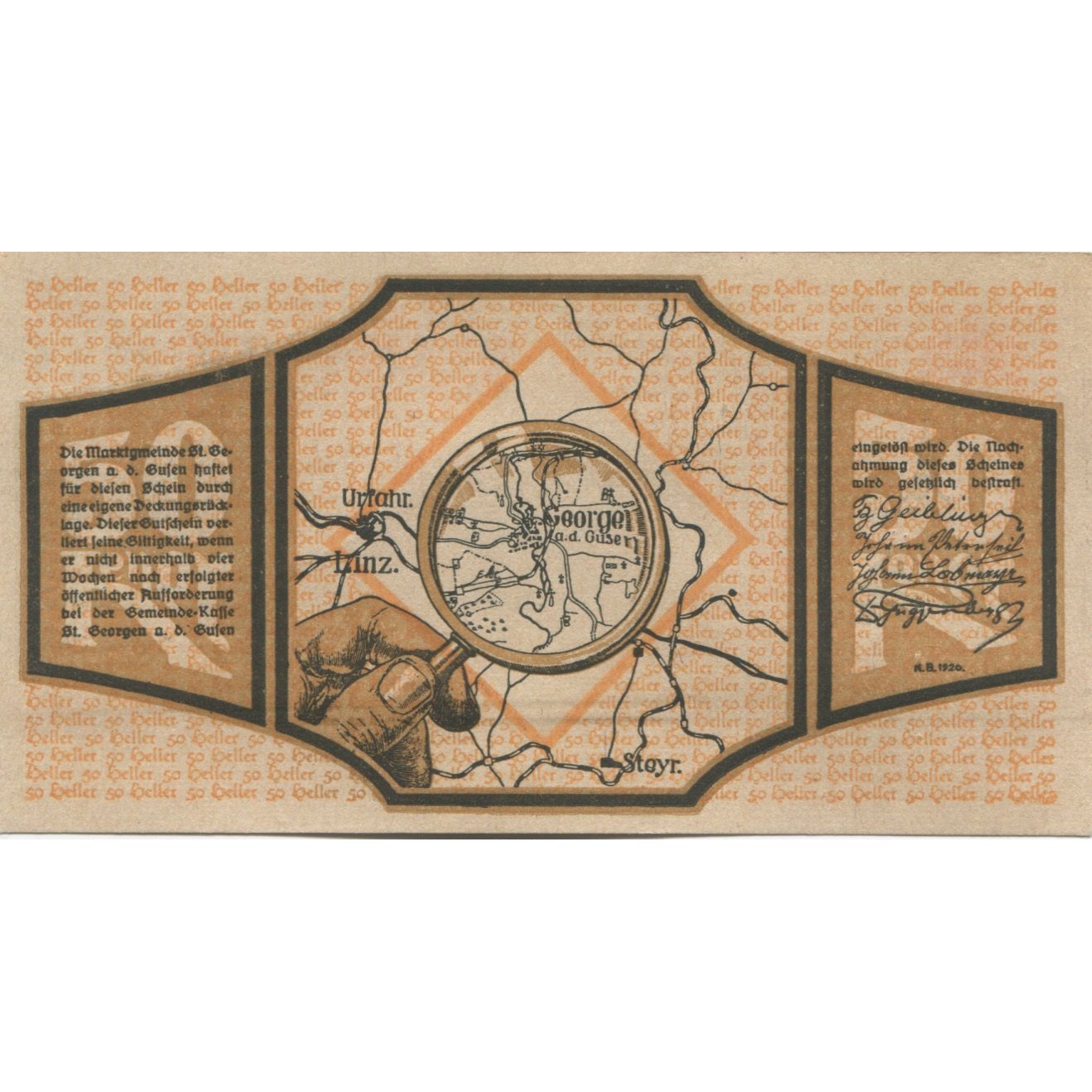 Banknote, Austria, St Georgen, 50 Heller, Eglise, 1920, UNC(63), Mehl:FS 886I