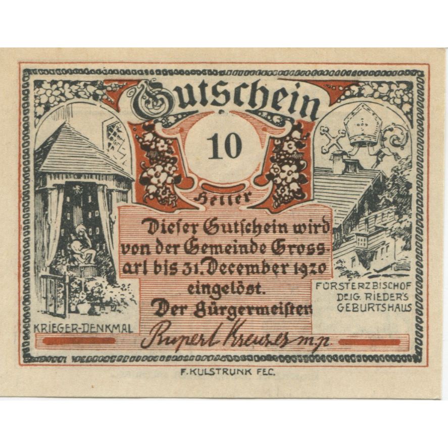Banknote, Austria, Grossarl, 10 Heller, montagne, 1920 UNC(63) Mehl:FS 292a