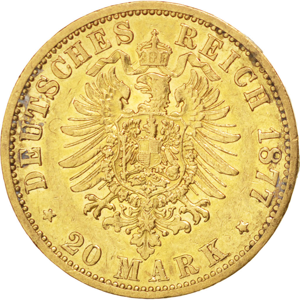 German States, 20 Mark, 1877, Bayreuth, KM #505, EF(40-45), Gold, 7.89