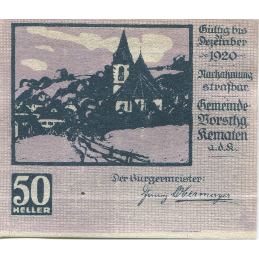 Banknote, Austria, Kematen, 50 Heller, village 1920 UNC(63) Mehl:FS 430a