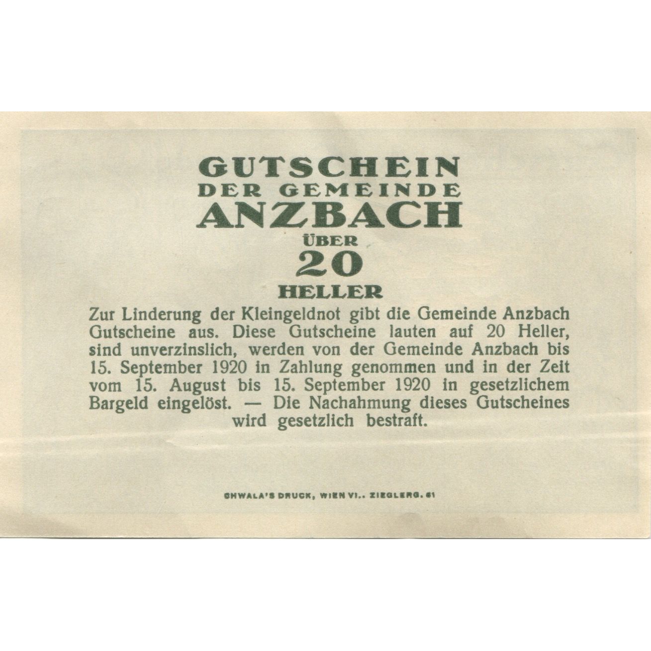 Banknote, Austria, Anzbach, 20 Heller, pont 1920-09-15, UNC(63), Mehl:FS 43Iad