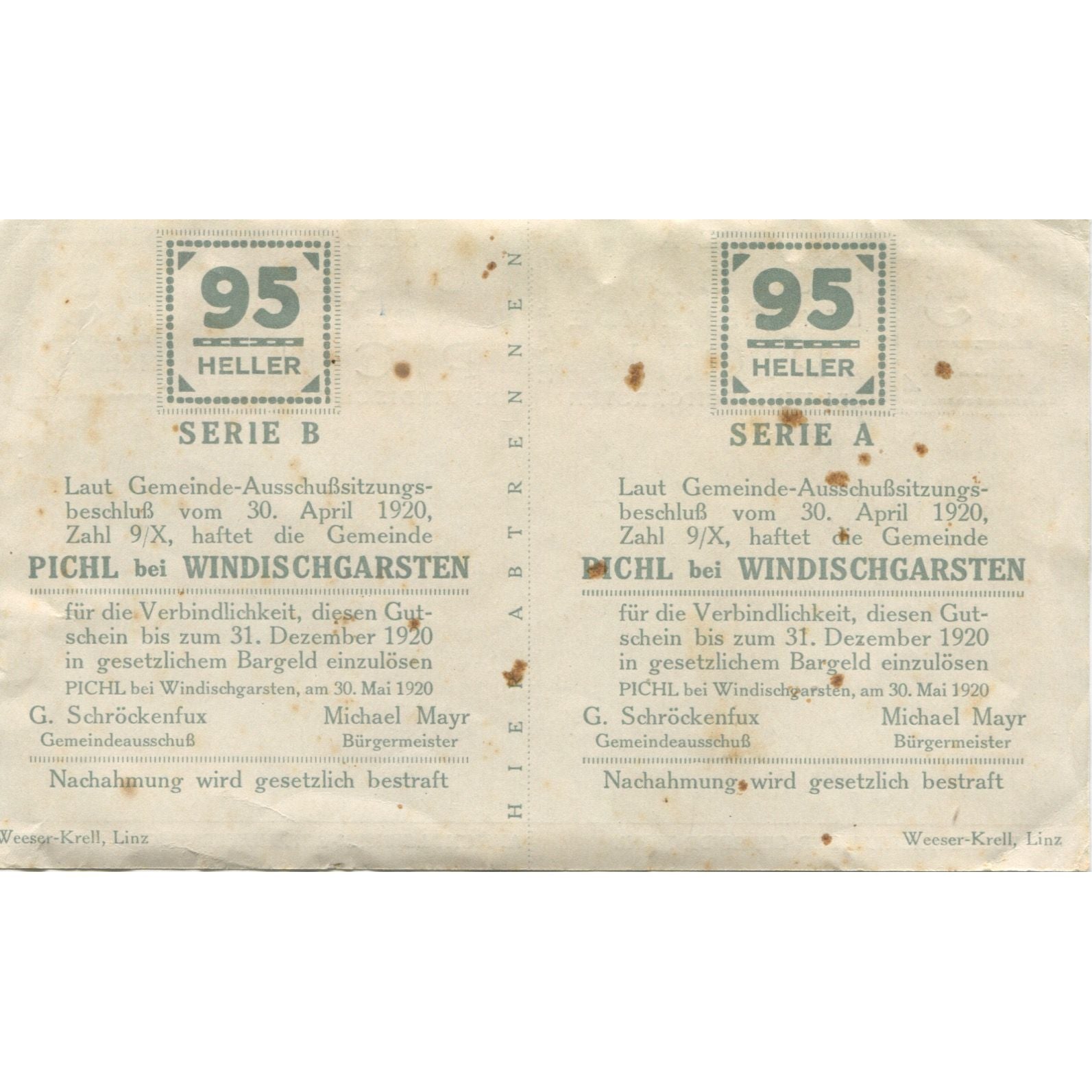 Banknote, Austria, Pichl, 95 Heller, paysage 1920-11-21, UNC(63), Mehl:FS 747