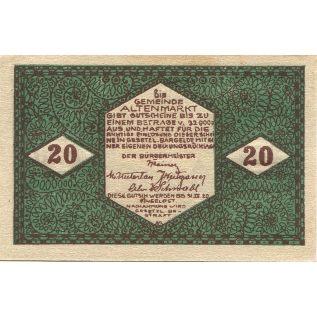 Banknote, Austria, Altenmarkt, 20 Heller, Eglise, 1920 UNC(63) Mehl:FS 31a