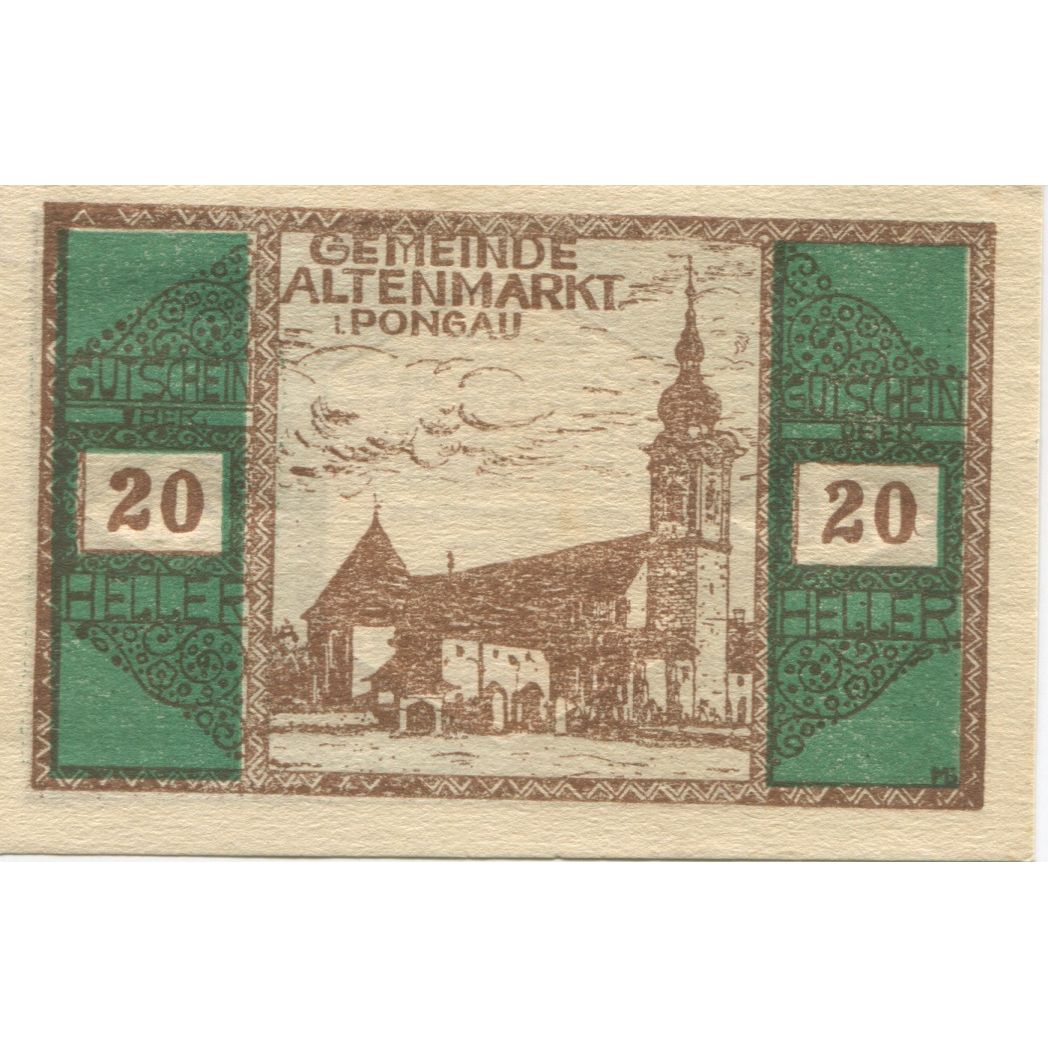 Banknote, Austria, Altenmarkt, 20 Heller, Eglise, 1920 UNC(63) Mehl:FS 31a