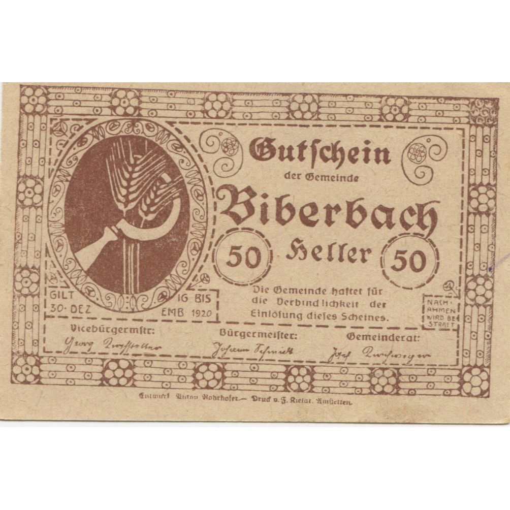 Banknote, Austria, Biberbach, 50 Heller, épis, 1920 UNC(63) Mehl:FS 86IIc