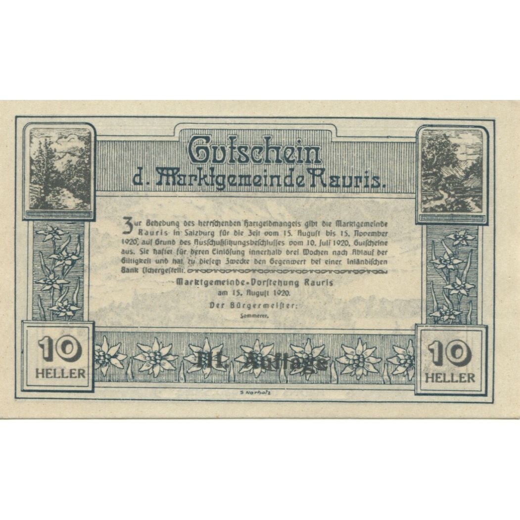 Banknote, Austria, Rauris, 10 Heller, montagne, 1920 UNC(63) Mehl:FS 823a
