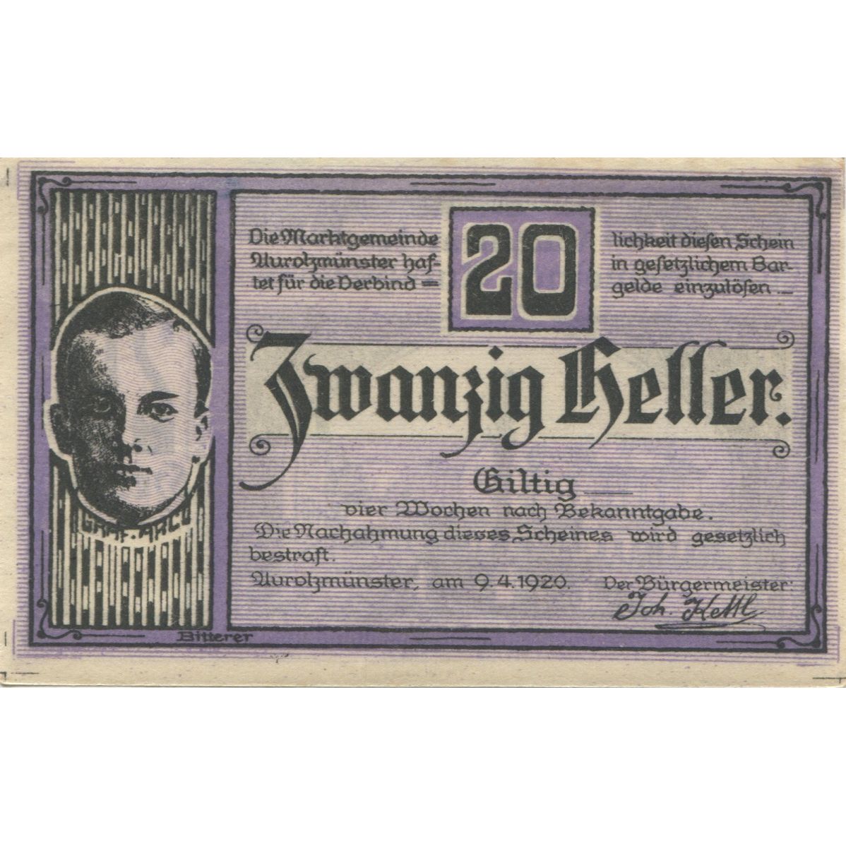 Banknote, Austria, Aurolzmunster, 20 Heller, Monument, 1920 UNC(63) Mehl:FS 69a
