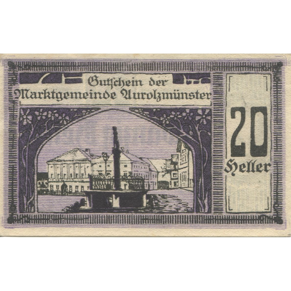 Banknote, Austria, Aurolzmunster, 20 Heller, Monument, 1920 UNC(63) Mehl:FS 69a
