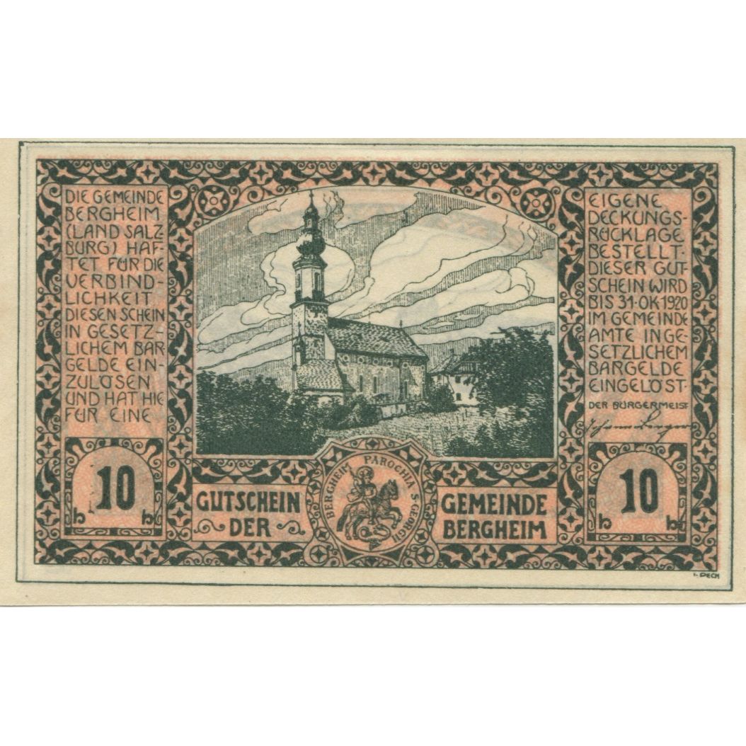 Banknote, Austria, Bergheim, 10 Heller, Eglise, 1920 UNC(63) Mehl:FS 82a