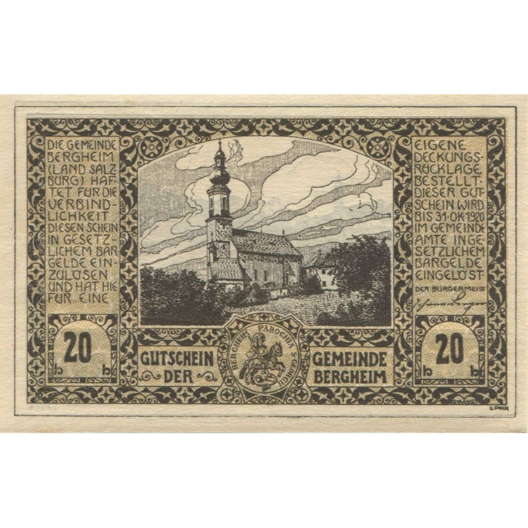 Banknote, Austria, Bergheim, 20 Heller, Eglise, 1920, UNC(63) Mehl:FS 82a