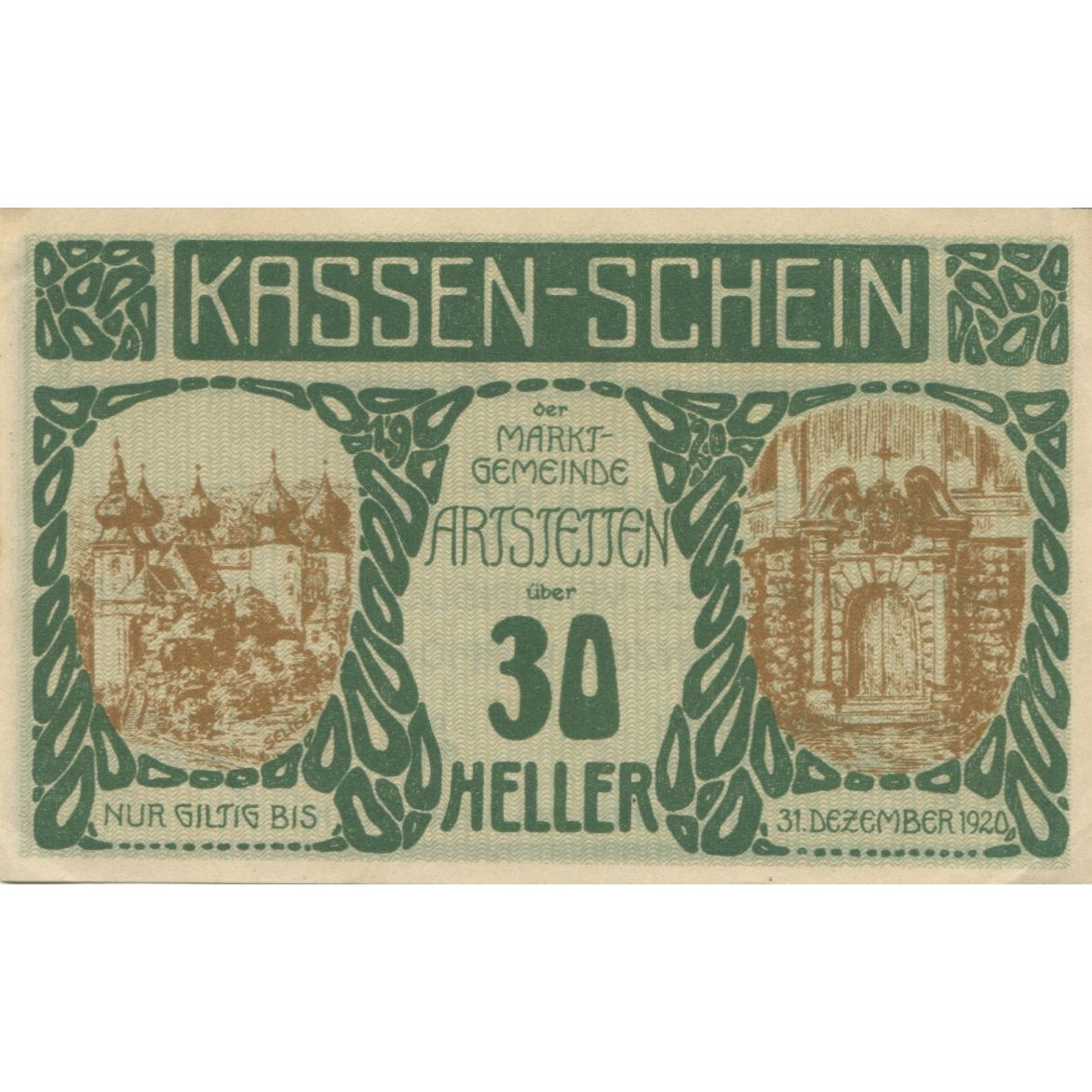 Banknote, Austria, Artstetten, 30 Heller, porte, 1920 UNC(63) Mehl:FS 52a