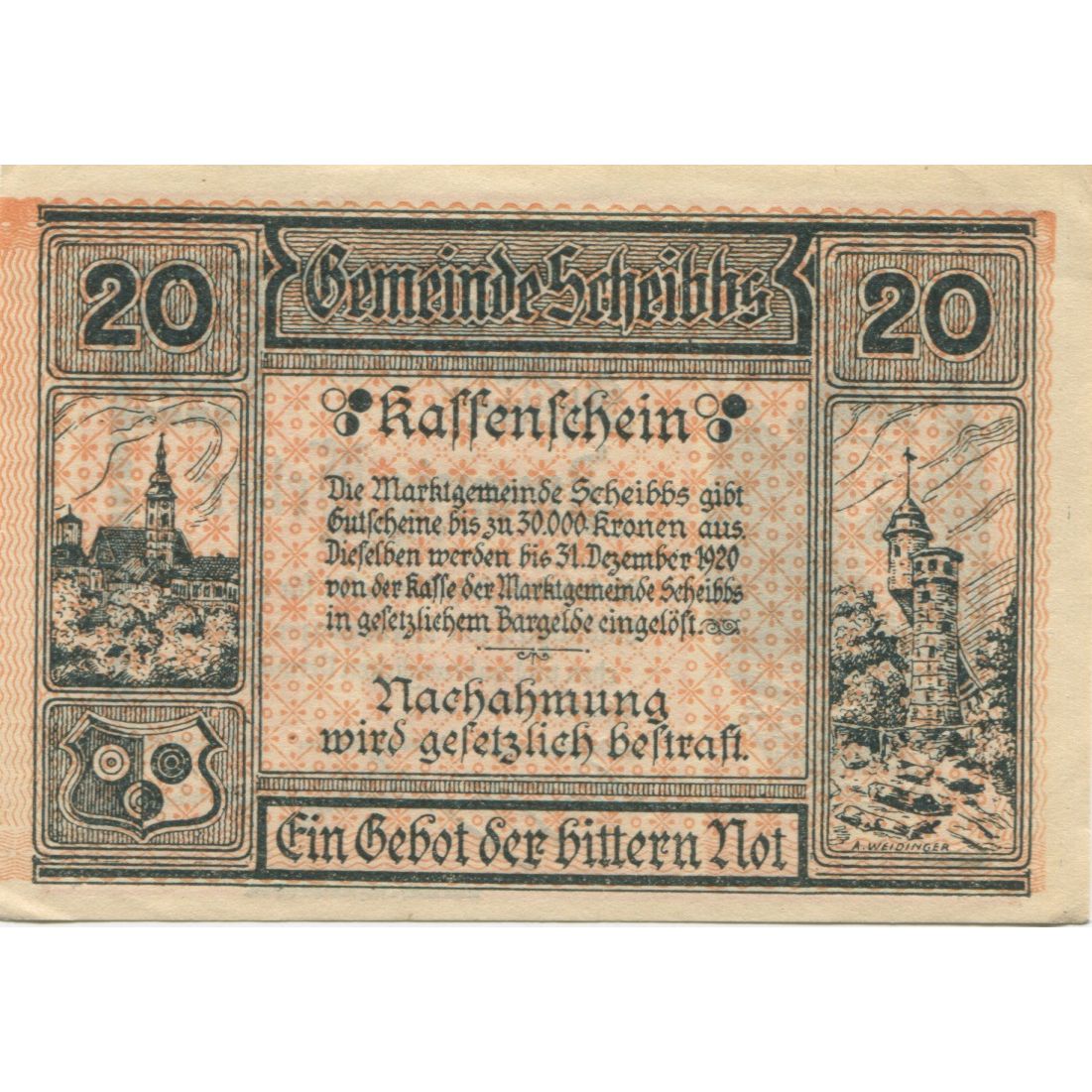 Banknote, Austria, Scheibbs, 20 Heller, Blason, 1920 UNC(63) Mehl:FS 957IIb