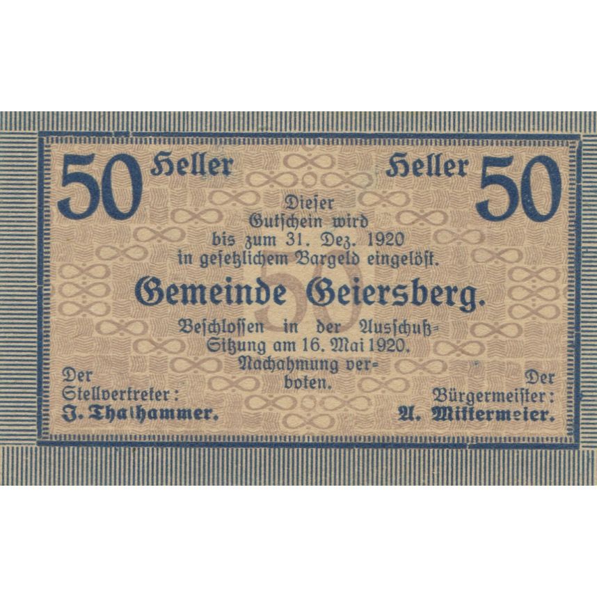 Banknote, Austria, Geiersberg, 50 Heller, Texte, 1920 UNC(63) Mehl:FS 227a