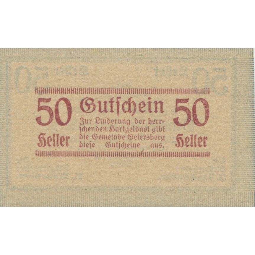 Banknote, Austria, Geiersberg, 50 Heller, Texte, 1920 UNC(63) Mehl:FS 227a