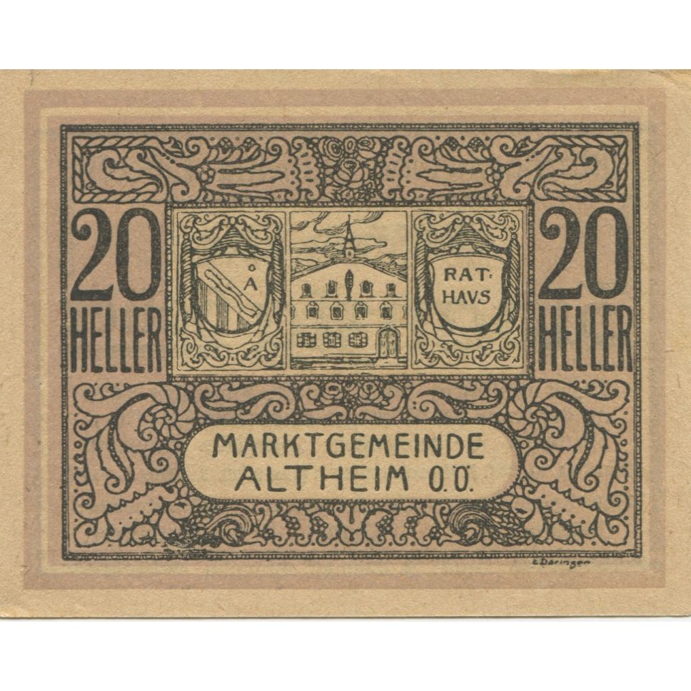 Banknote, Austria, Altheim, 20 Heller, château, 1920 UNC(63) Mehl:FS 32aC1