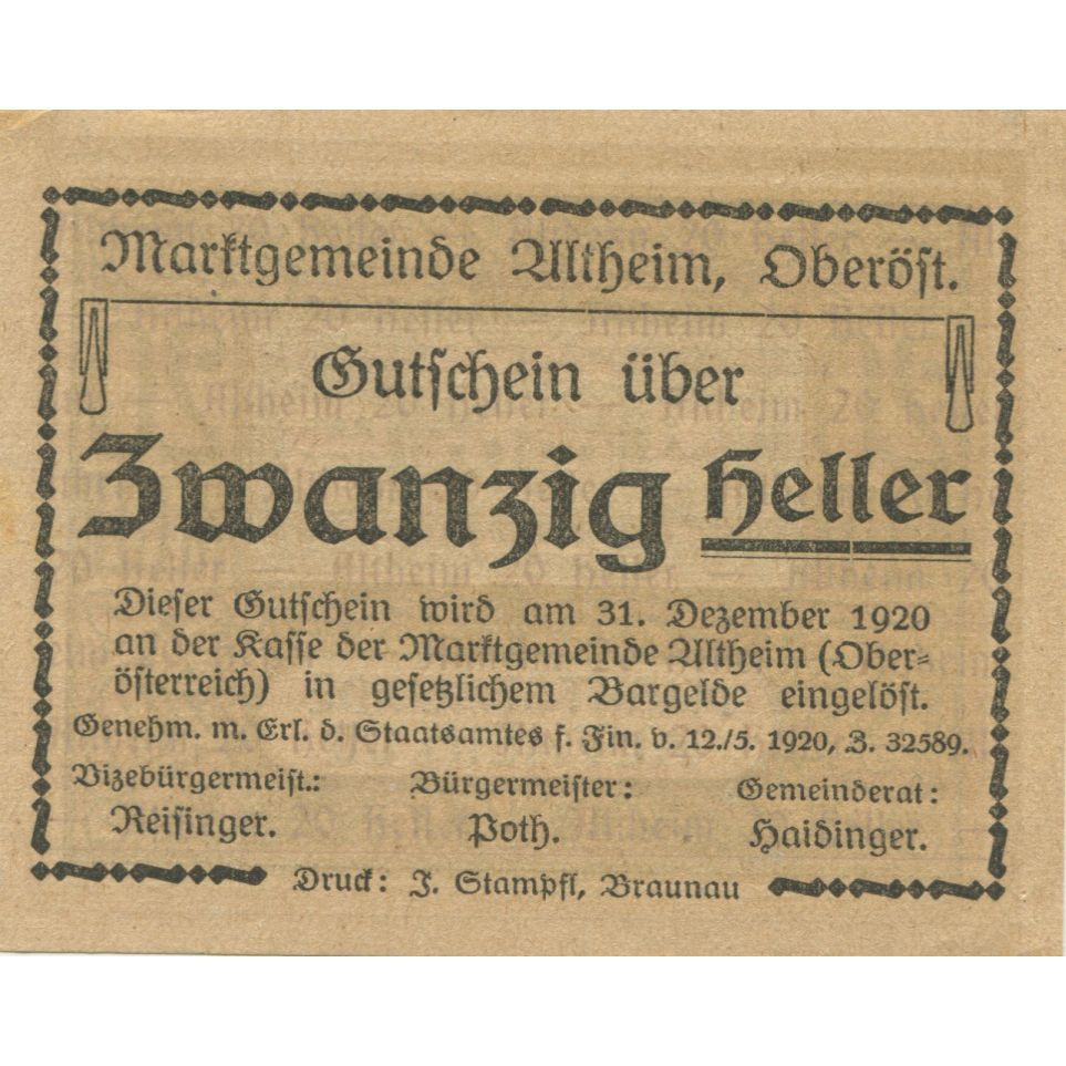 Banknote, Austria, Altheim, 20 Heller, château, 1920 UNC(63) Mehl:FS 32aC1