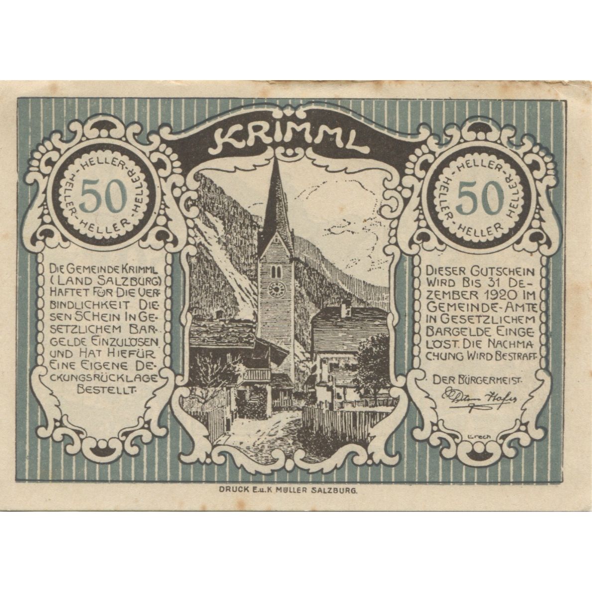 Banknote, Austria, Krimml, 50 Heller, Eglise 1920-12-31, UNC(63), Mehl:FS 483a