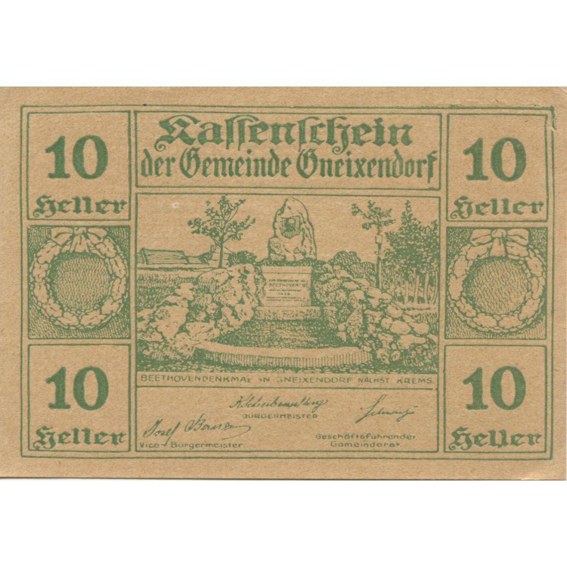 Banknote, Austria, Gneixendorf, 10 Heller, Monument, 1920 UNC(63) Mehl:FS 241