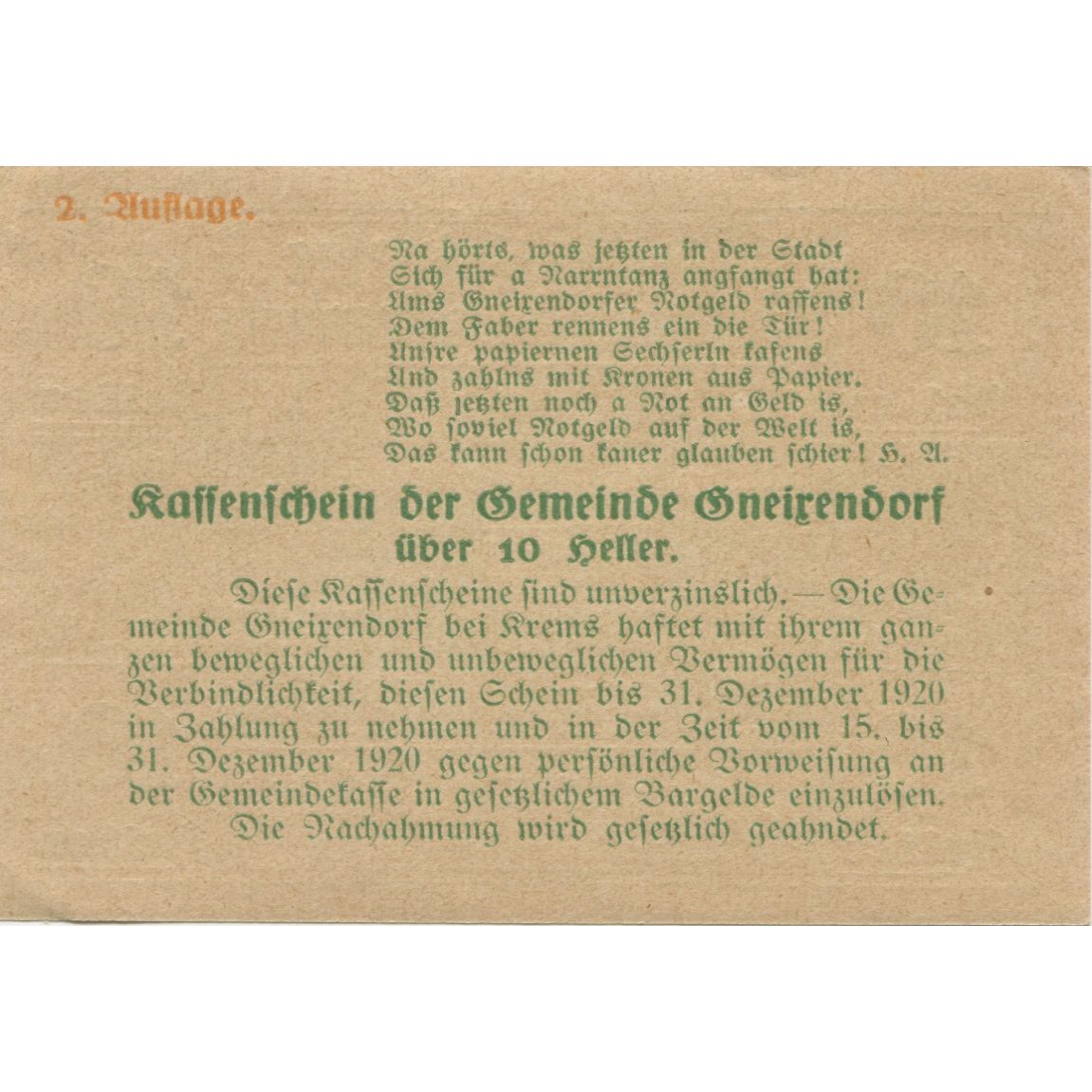 Banknote, Austria, Gneixendorf, 10 Heller, Monument, 1920 UNC(63) Mehl:FS 241