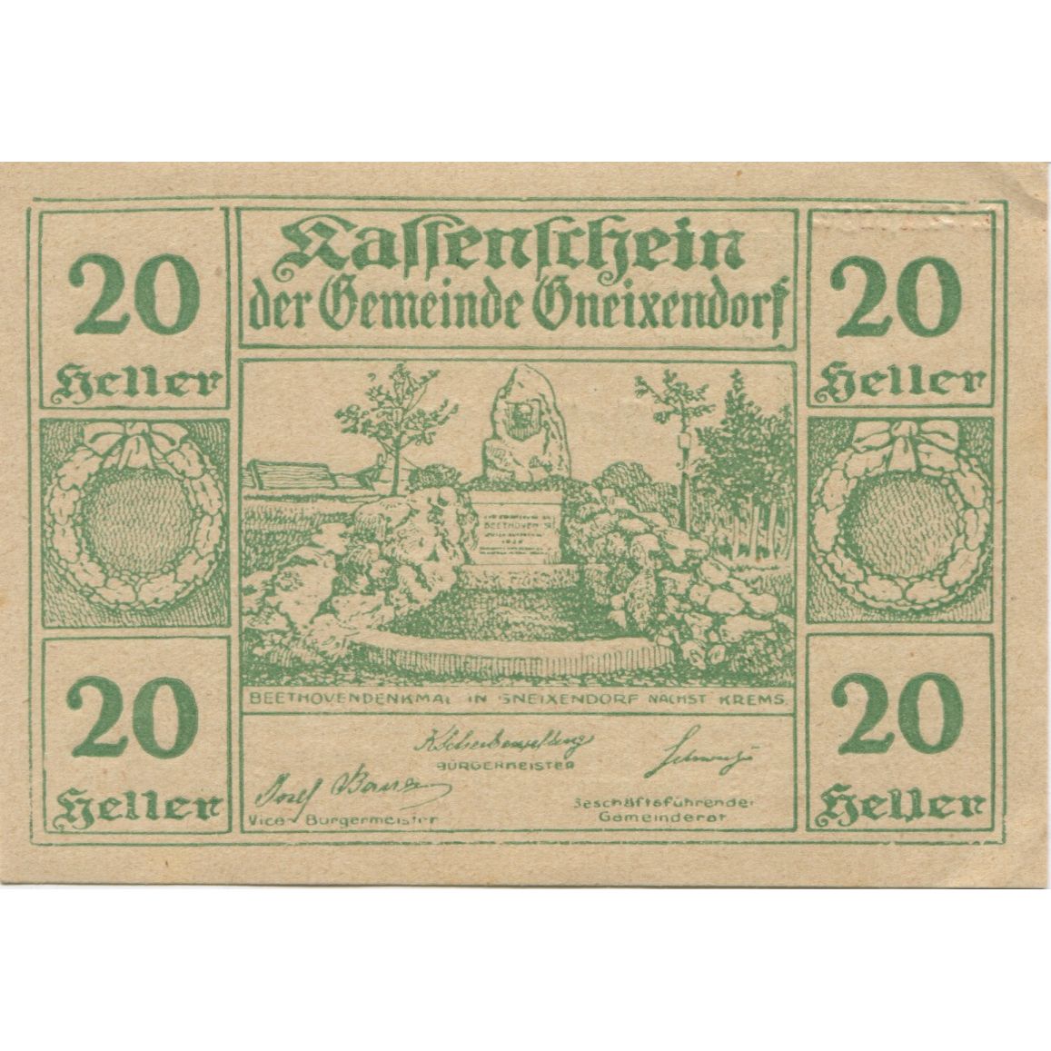 Banknote, Austria, Gneixendorf, 20 Heller, Monument, 1920 MS(60-62) Mehl:FS 241