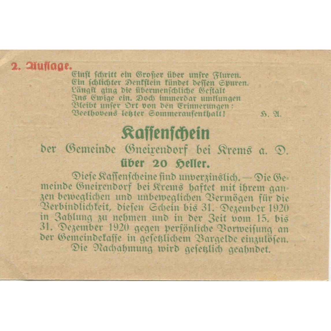 Banknote, Austria, Gneixendorf, 20 Heller, Monument, 1920 MS(60-62) Mehl:FS 241