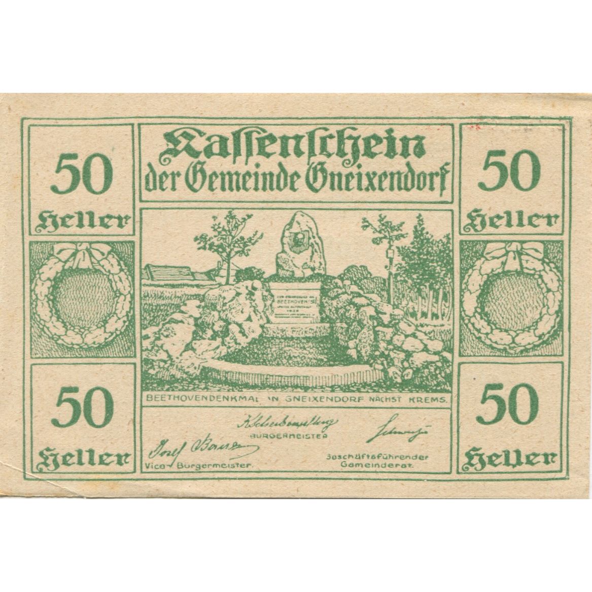 Banknote, Austria, Gneixendorf, 50 Heller, Monument, 1920 UNC(63) Mehl:FS 241