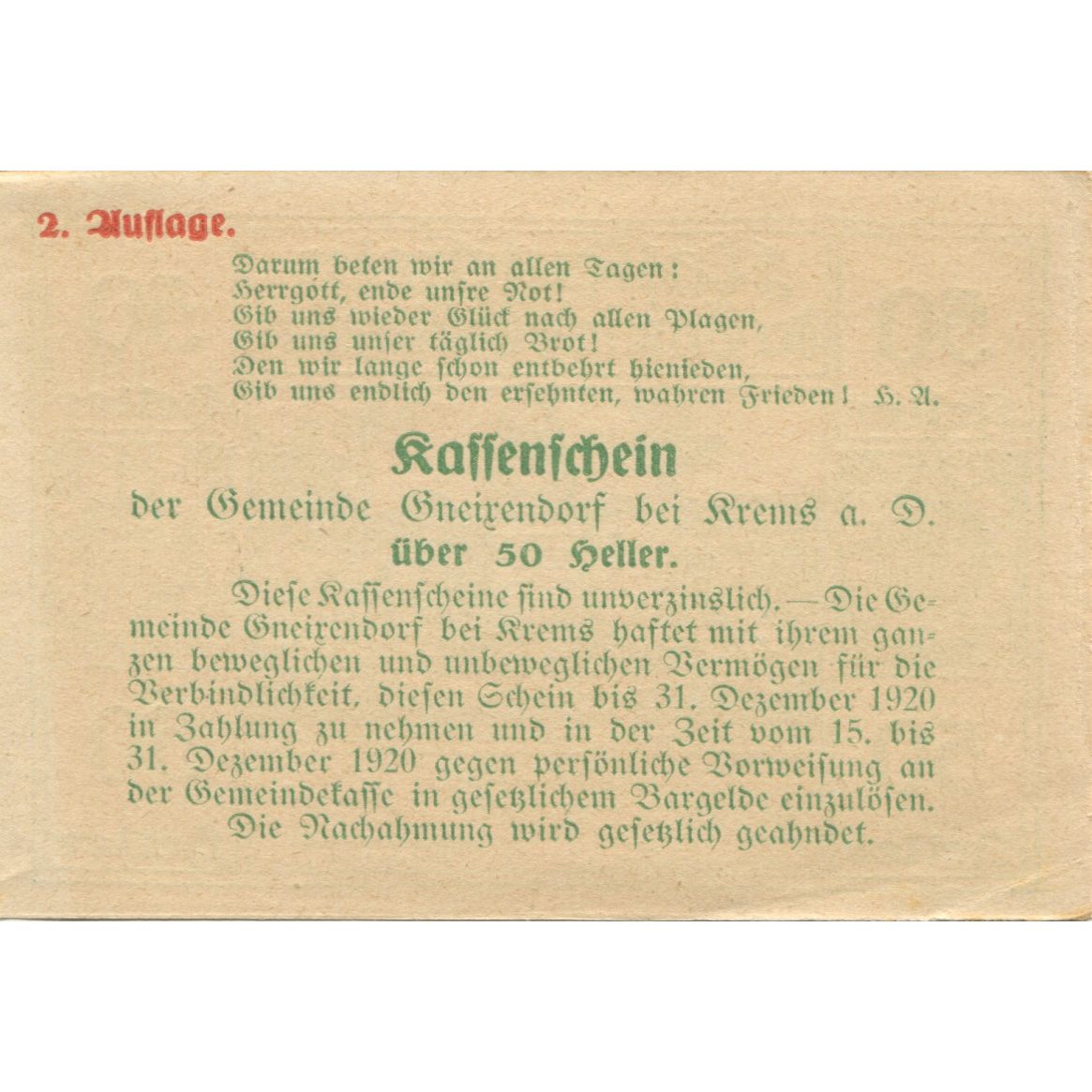 Banknote, Austria, Gneixendorf, 50 Heller, Monument, 1920 UNC(63) Mehl:FS 241