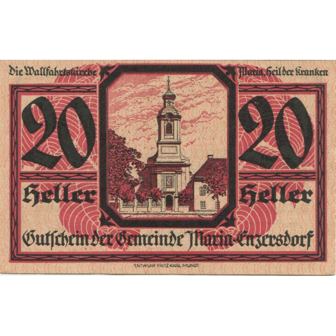 Banknote, Austria, Enzensdorf, 20 Heller, Eglise, 1920 UNC(63) Mehl:FS 582b