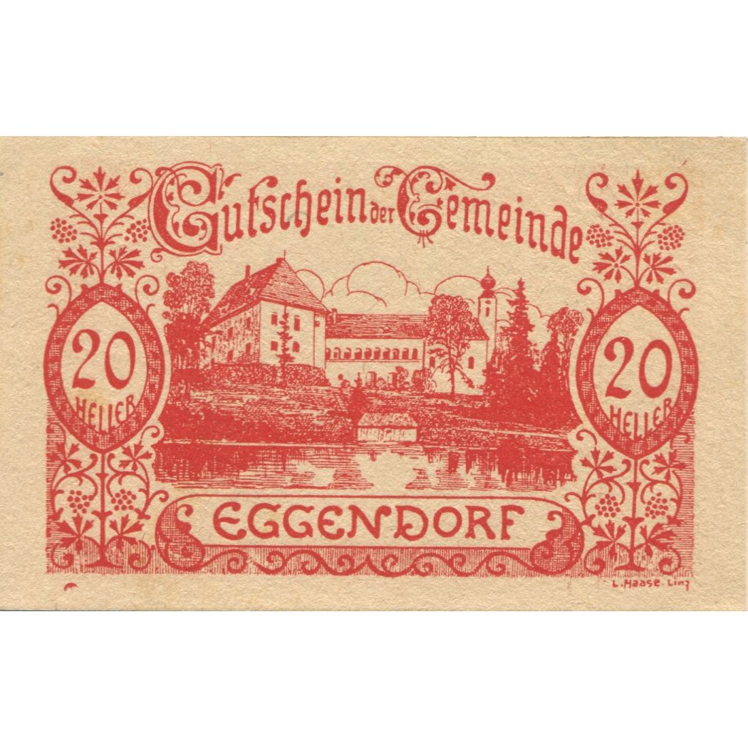 Banknote, Austria, Eggendorf, 20 Heller, château, 1920 UNC(63) Mehl:FS 165a