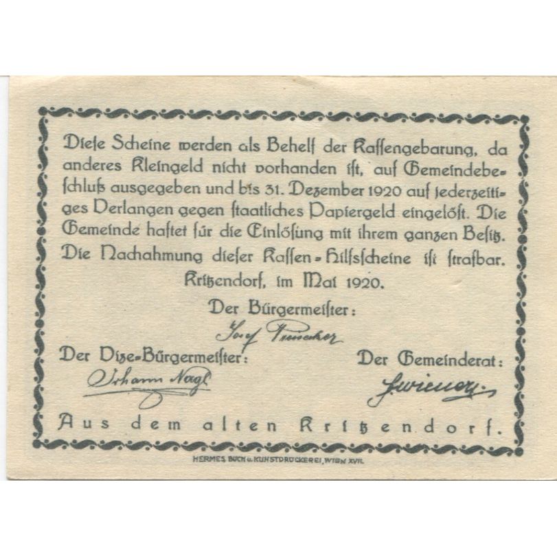 Banknote, Austria, Kritzendorf, 20 Heller, personnage, 1920 UNC(63) Mehl:FS 484a