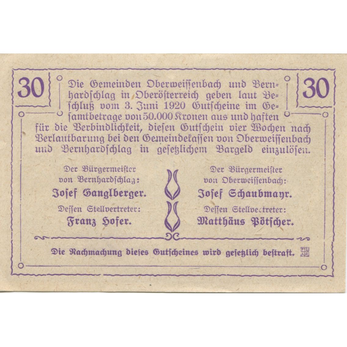Banknote, Austria, Brunnwald, 30 Heller, village, 1920, UNC(63), Mehl:FS 692