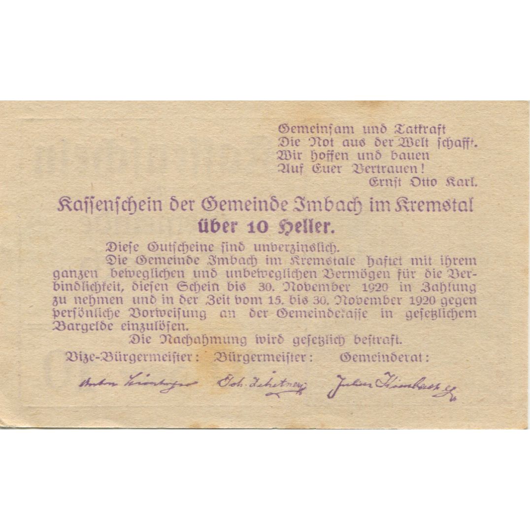 Banknote, Austria, Imbach, 10 Heller, Eglise, 1920 UNC(60-62) Mehl:FS 404IIa