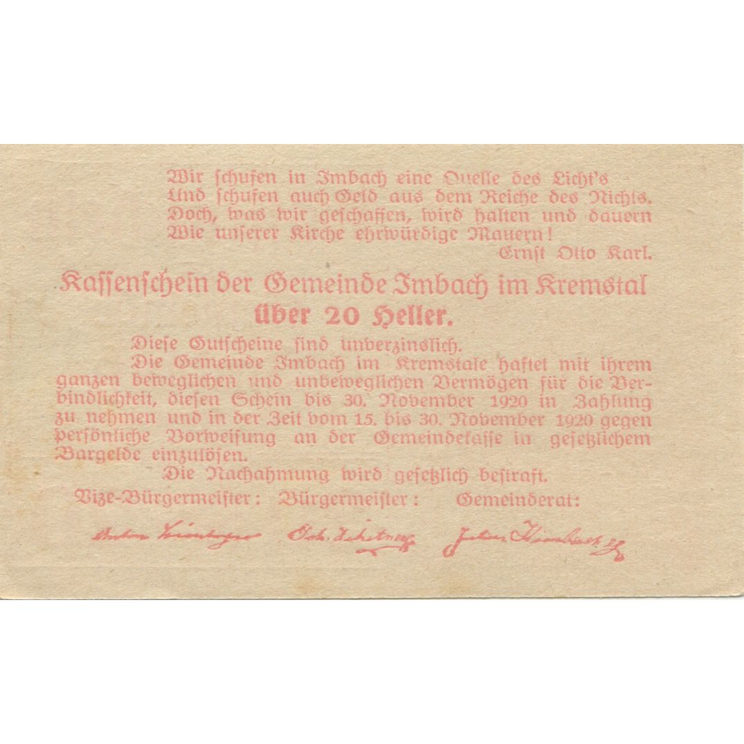 Banknote, Austria, Imbach, 20 Heller, village, 1920 UNC(63) Mehl:FS 404IIa
