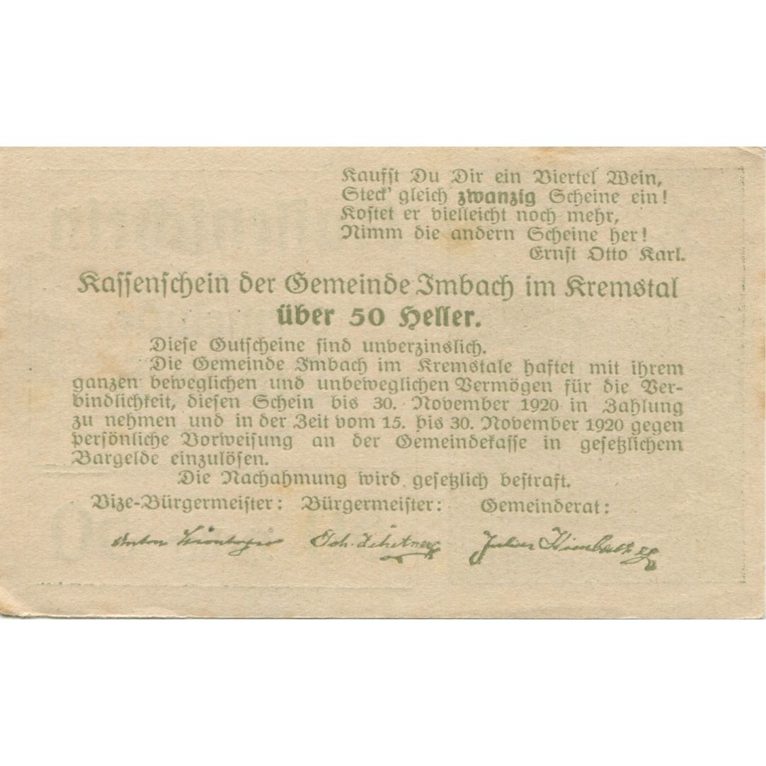 Banknote, Austria, Imbach, 50 Heller, Eglise, 1920 UNC(60-62) Mehl:FS 404IIa