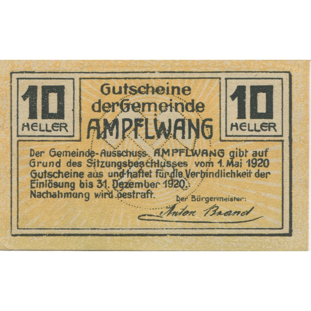 Banknote, Austria, Ampflwang, 10 Heller, Mine, 1920 UNC(63) Mehl:FS 36a