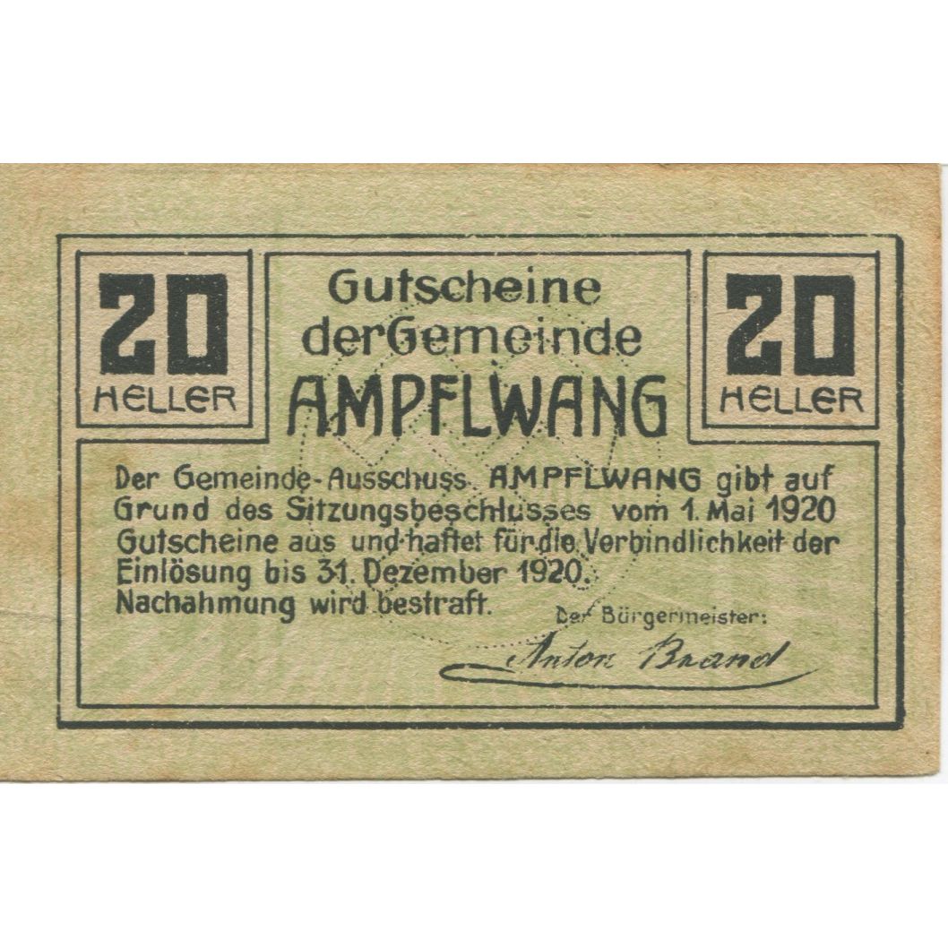 Banknote, Austria, Ampflwang, 20 Heller, Mine, 1920 EF(40-45) Mehl:FS 36a
