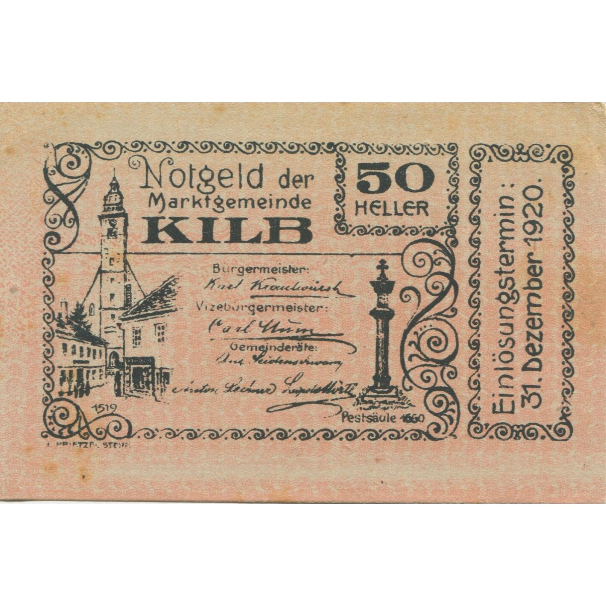 Billet, Autriche, Kilb, 50 Heller, Eglise, 1920, 1920-12-31, TTB, Mehl:FS 436