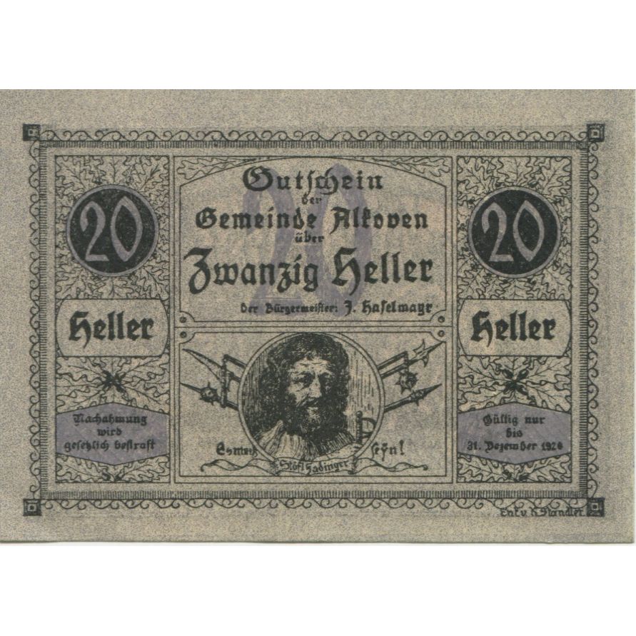 Banknote, Austria, Alkoven, 20 Heller, portrait 1920-12-31 UNC(63) Mehl:FS 18IIa
