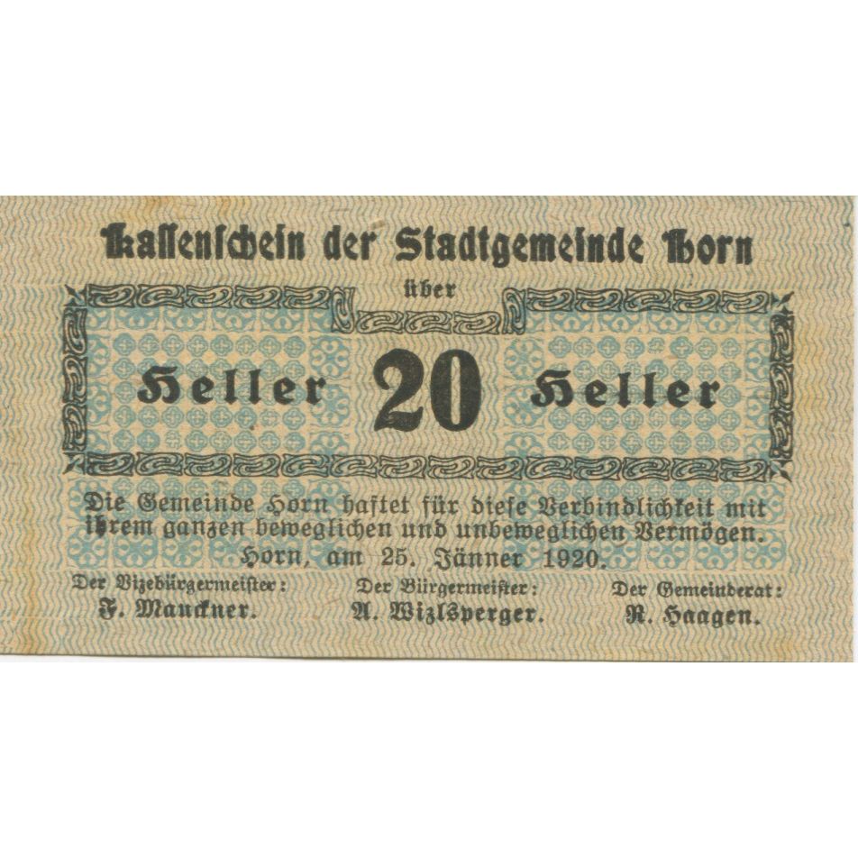 Banknote, Austria, Horn, 20 Heller, Texte 1920-07-31, UNC(63), Mehl:FS 397Ia2